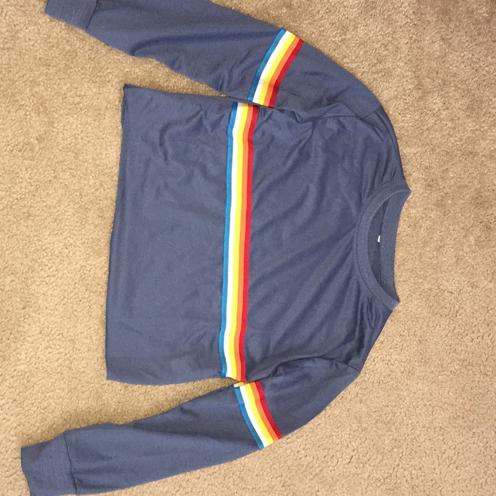 Navy blue and rainbow stripe long sleeve t-shirt